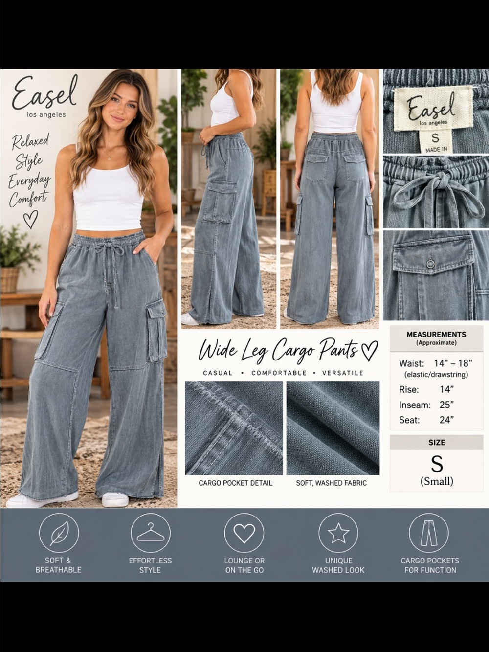 easel Wide-Leg Cargo Pants in Washed Gray-Blue